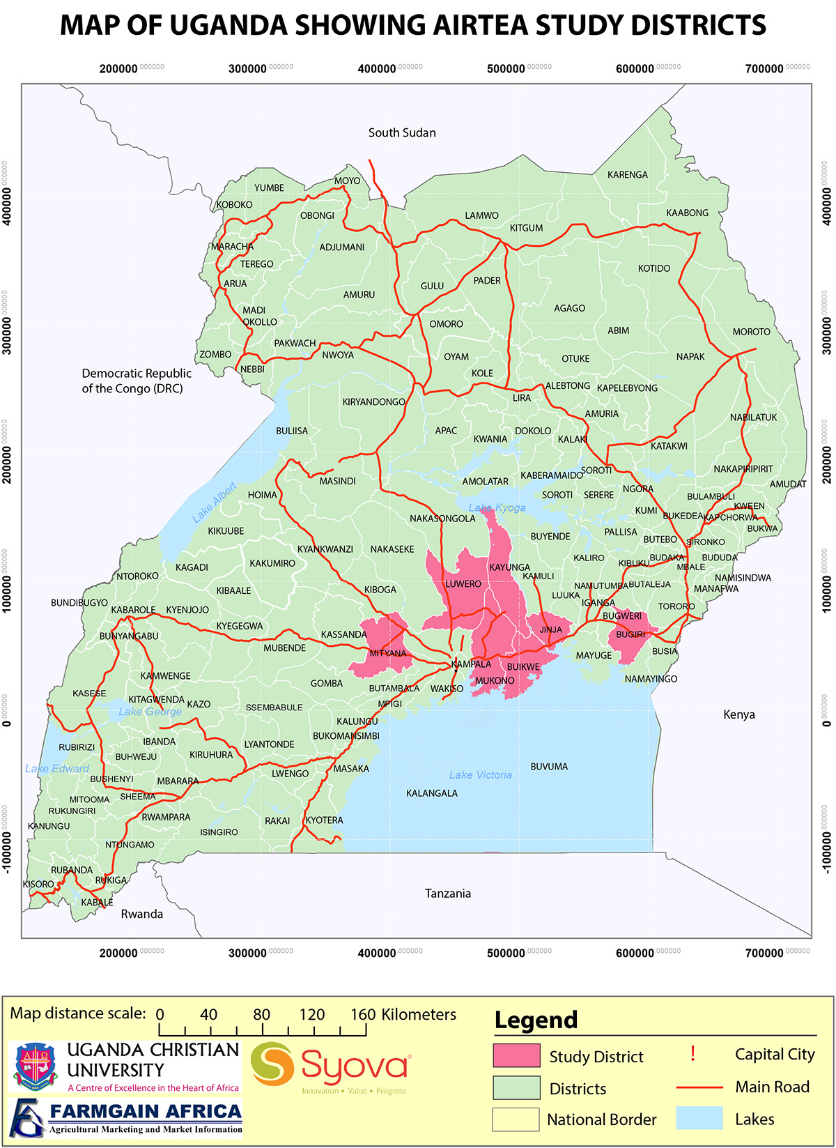 Map of Uganda showing AIRTEA Vegetable Endline Study Areas