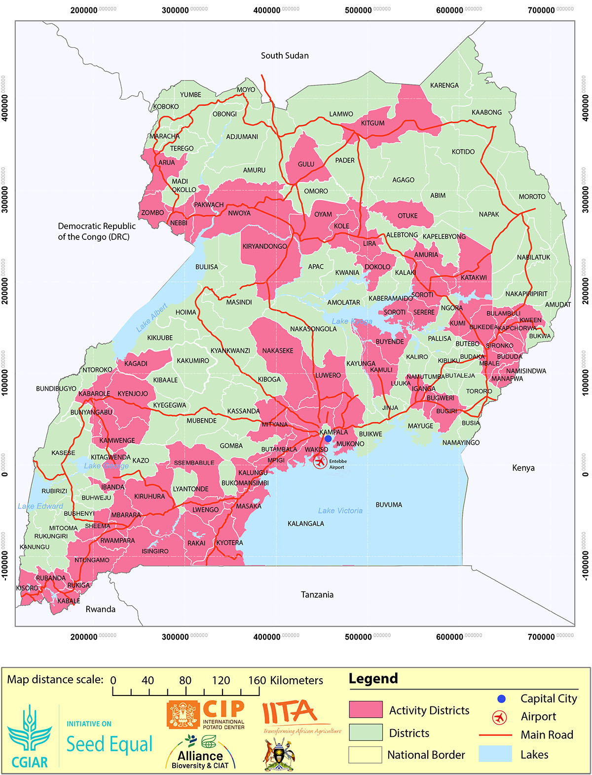 Map of Uganda showing locations of VPC or RTB Seed Actors and Ware Producers