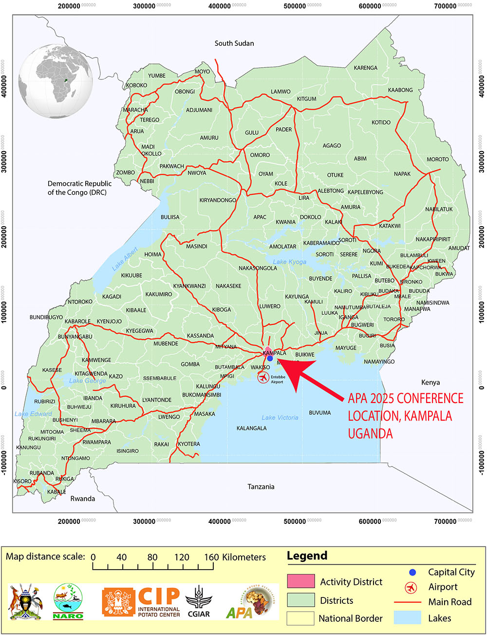 Map of Uganda showing the 2025APA Conference Location