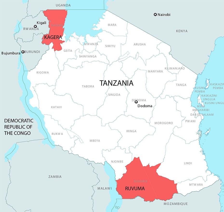 Map of Tanzania showing Coffee Value-chain study areas