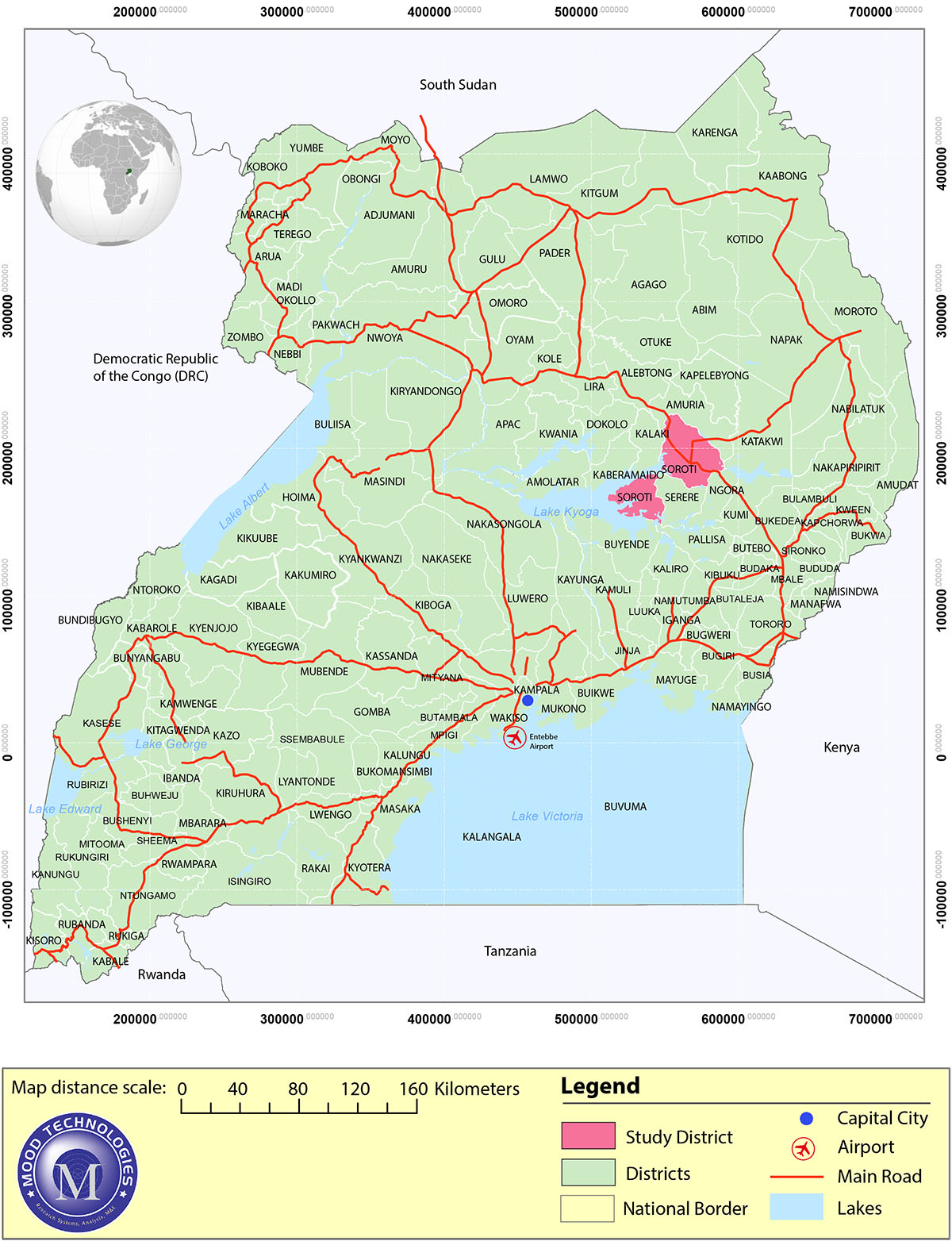 Map of Uganda showing Vaccination study areas