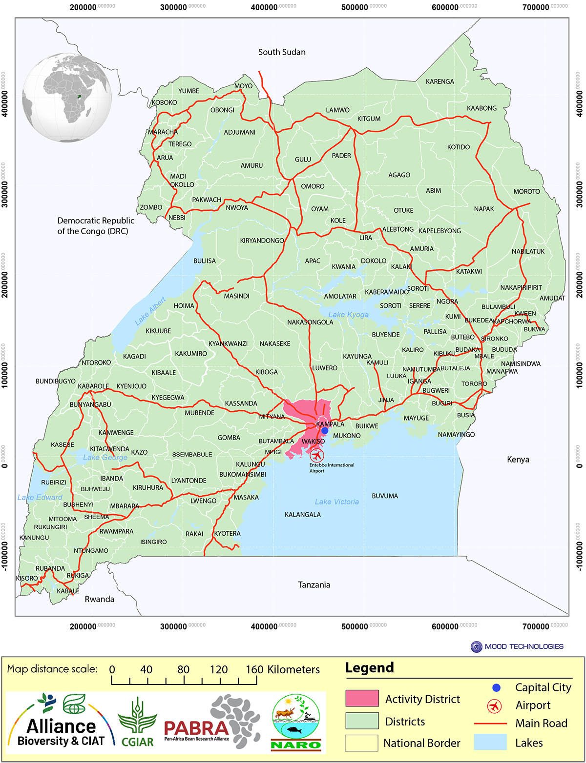 Map of Uganda showing Beans consumer study areas