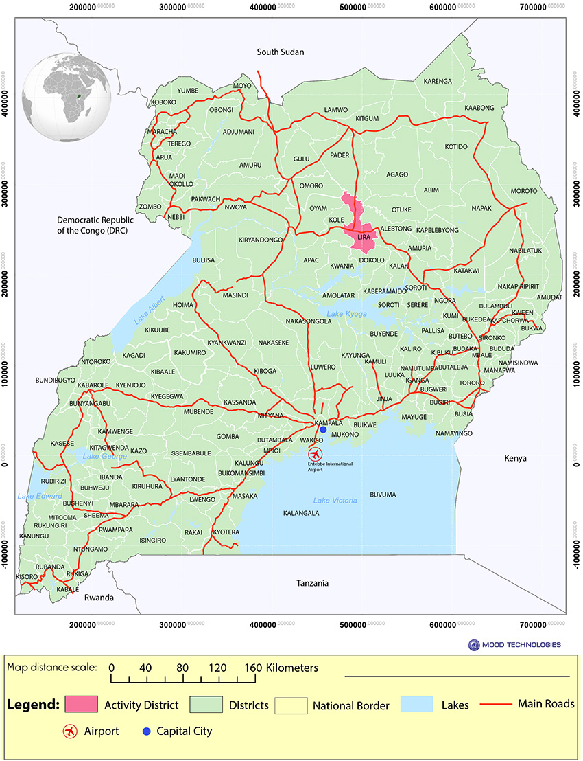 Map of Uganda showing study districts